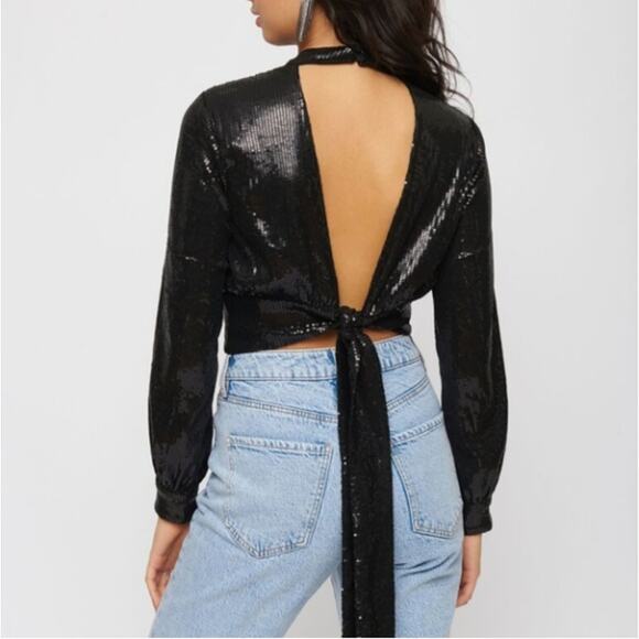 Dynamite Sequined Top Mock Neck Long Sleeve Open Back with Tie Black NWT M - Picture 2 of 7